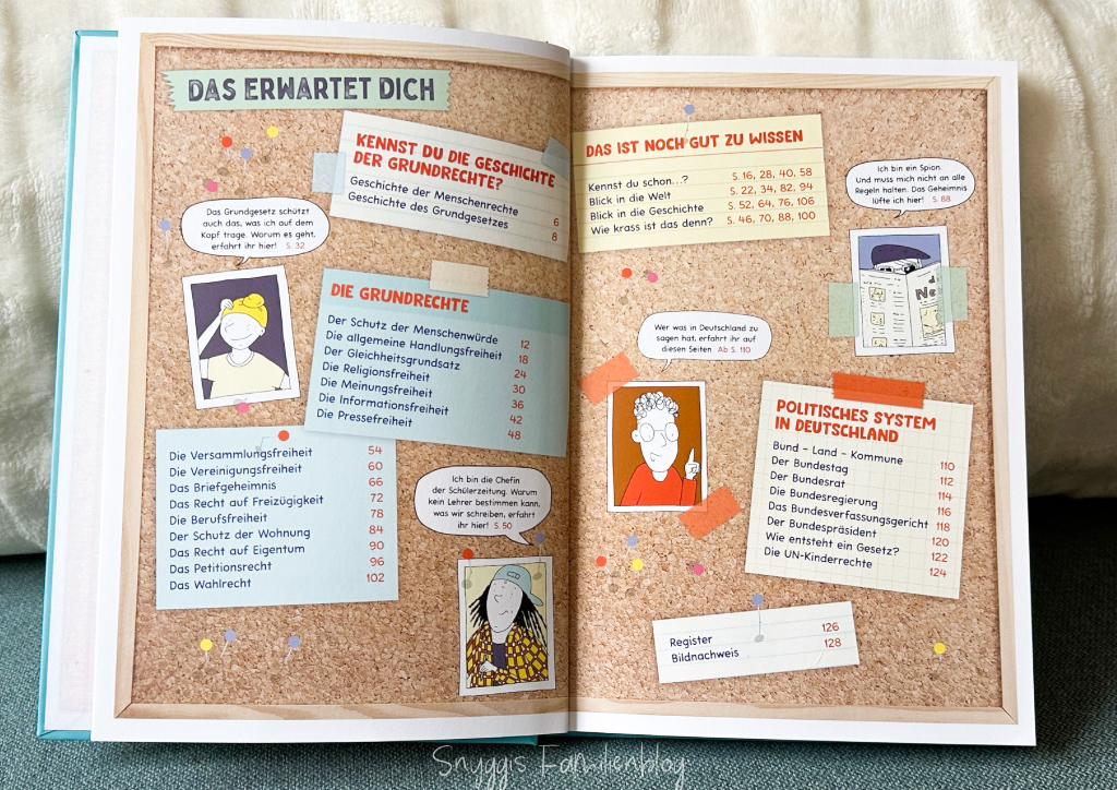 Aufgeschlagenes Buch. Buch: Kennst du deine Rechte? Inhaltsverzeichnis - Buchrezension von Snyggis Familienblog