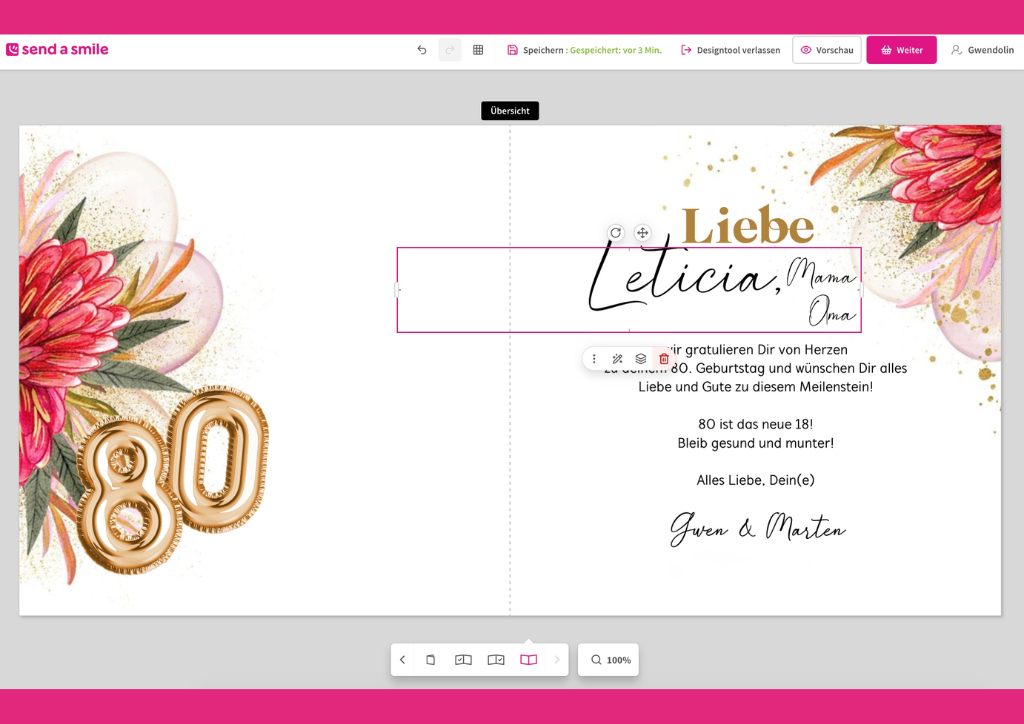 Innenseite der Glückwunschkarte. Text persönlich gestalten.