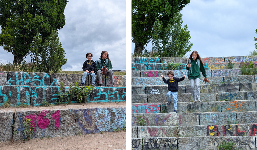 Danach geht es durch den Mauerpark. Da erzählen wir Eltern unseren Kinder zum x-ten Mal, wie oft wir hier Mini-Snyggis mit dem Kinderwagen als Baby durchs Birkenwäldchen geschoben haben und wie es damals als wir noch jung waren alles so war…Lol .. Wenn Eltern immer ihre „ollen Kamellen“ rausholen