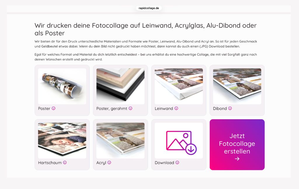 Fotocollage Material und Formate
